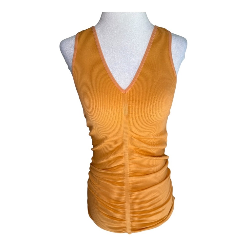 Topshop‎ Orange Ribbed Ruched V Neck Top Sleeveless Fitted Women's Medium Large